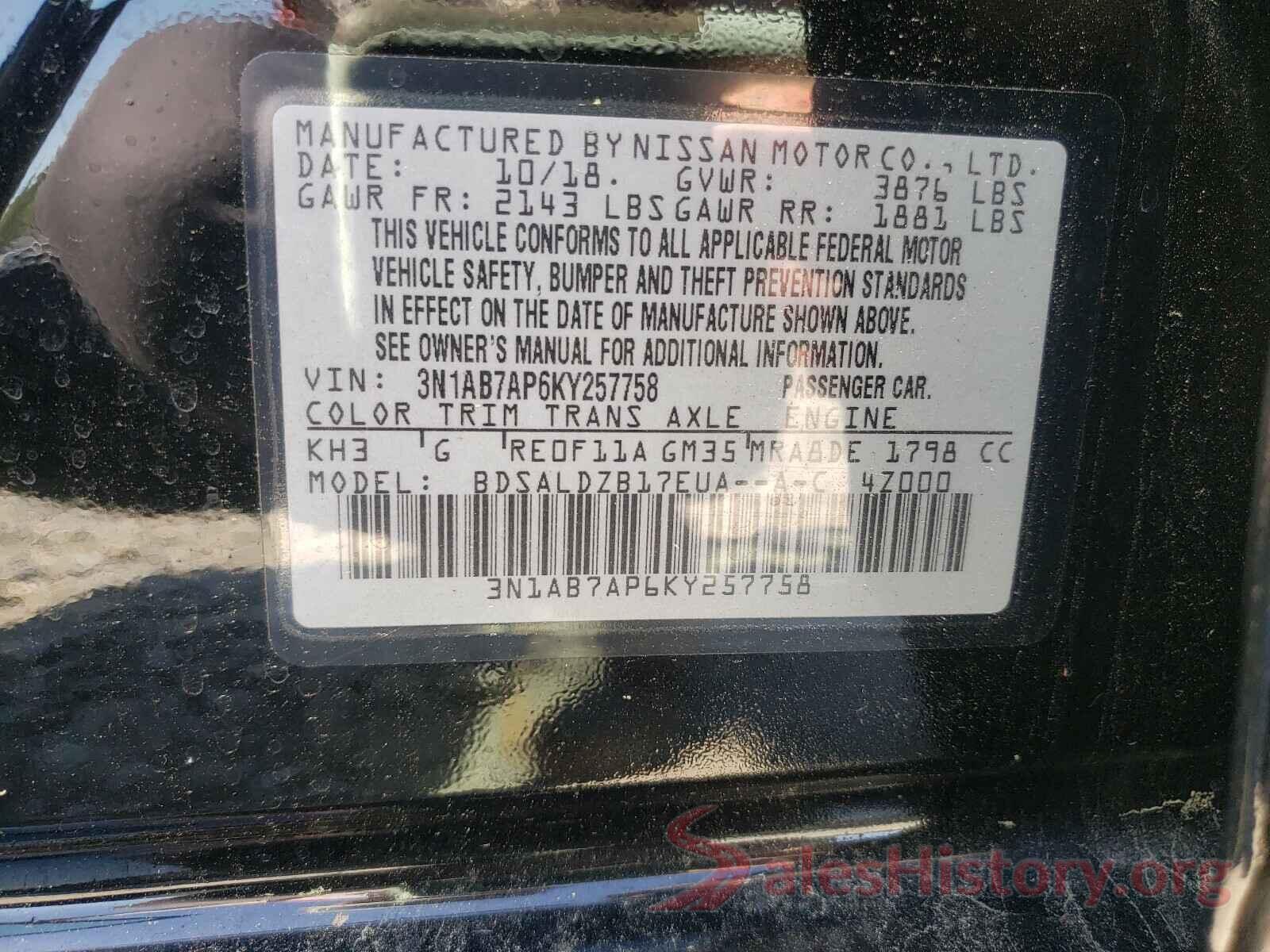 3N1AB7AP6KY257758 2019 NISSAN SENTRA