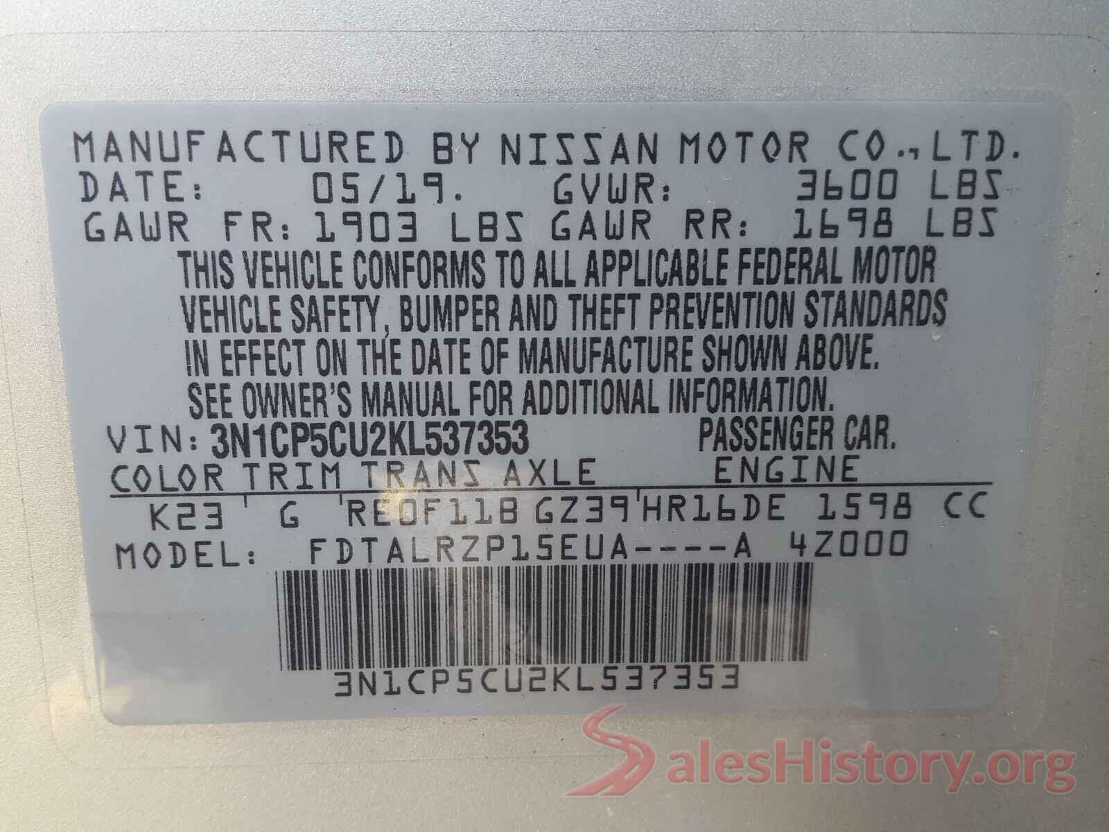 3N1CP5CU2KL537353 2019 NISSAN KICKS