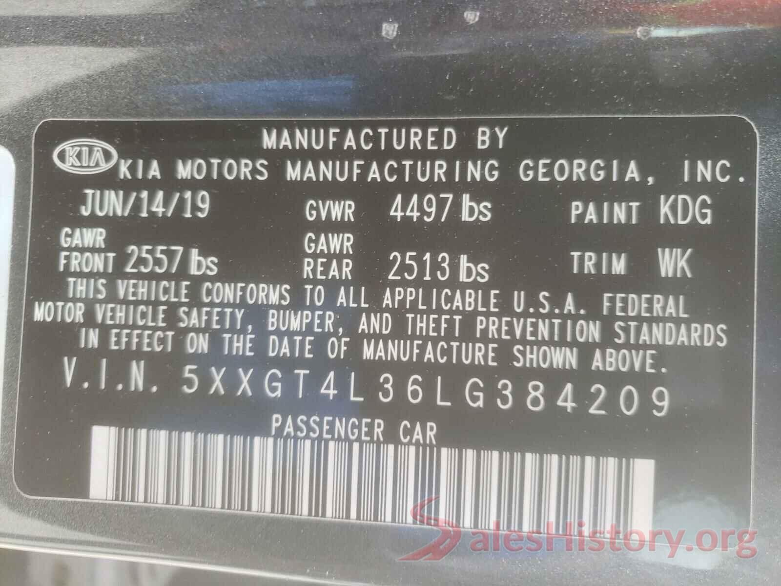 5XXGT4L36LG384209 2020 KIA OPTIMA