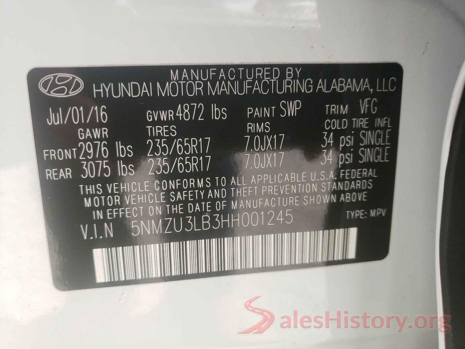 5NMZU3LB3HH001245 2017 HYUNDAI SANTA FE