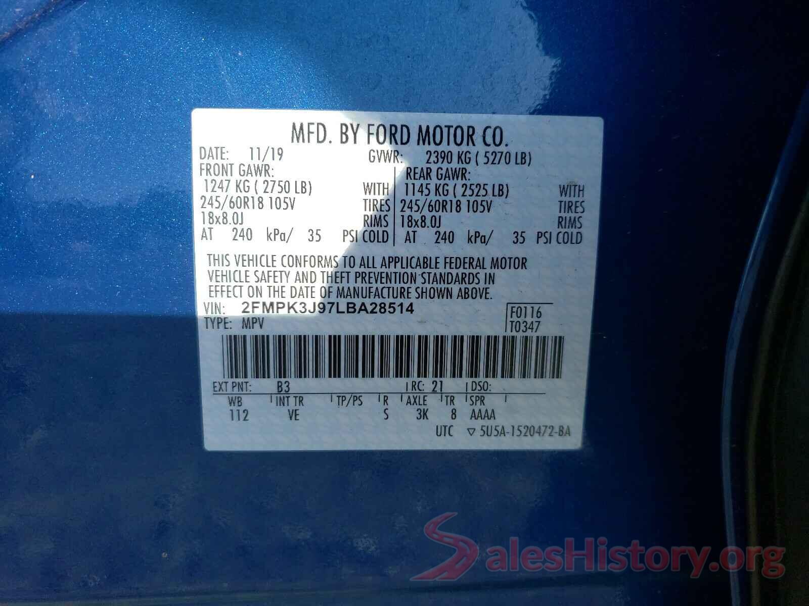 2FMPK3J97LBA28514 2020 FORD EDGE