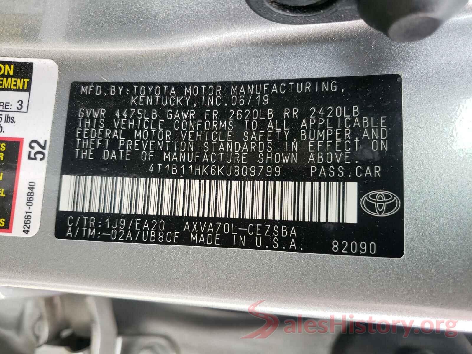 4T1B11HK6KU809799 2019 TOYOTA CAMRY