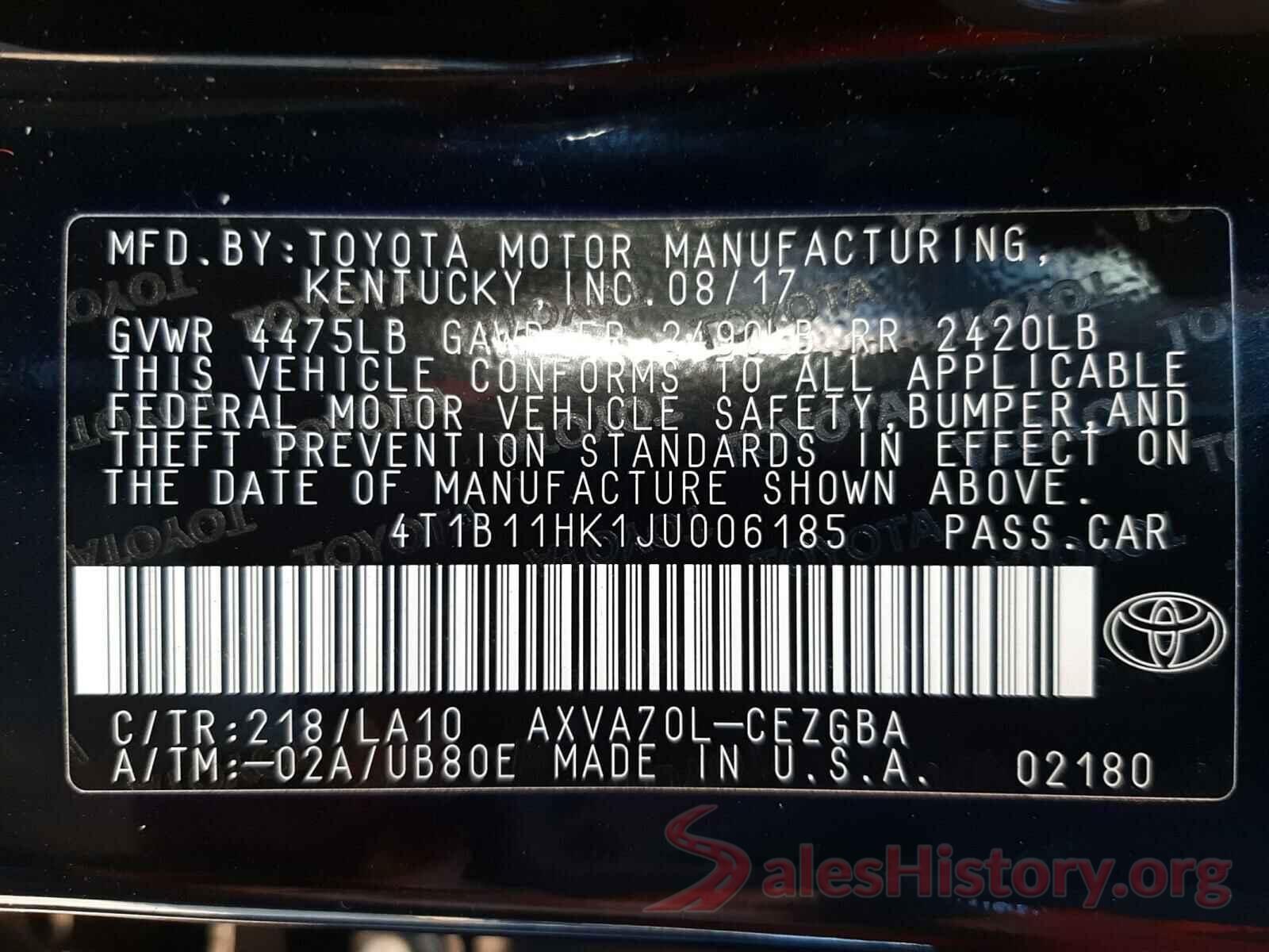 4T1B11HK1JU006185 2018 TOYOTA CAMRY