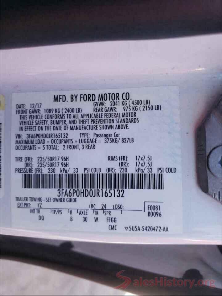 3FA6P0HD0JR165132 2018 FORD FUSION