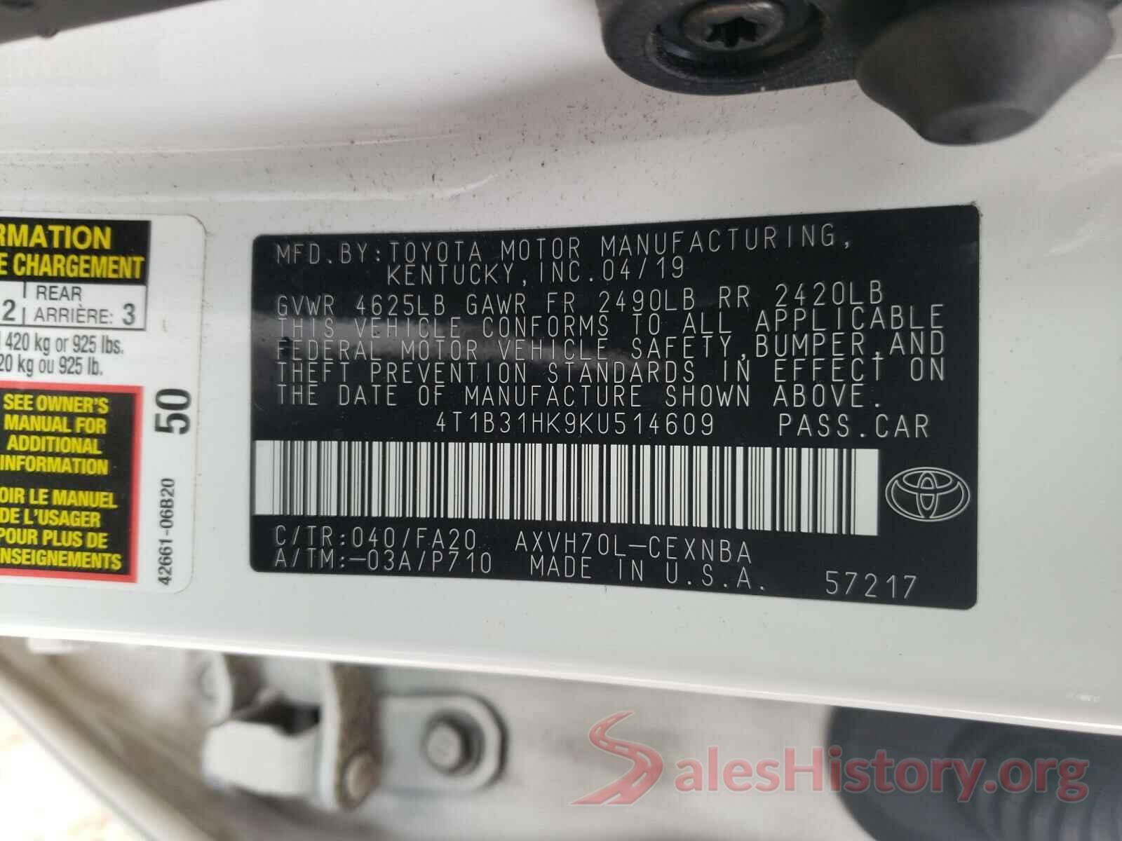 4T1B31HK9KU514609 2019 TOYOTA CAMRY