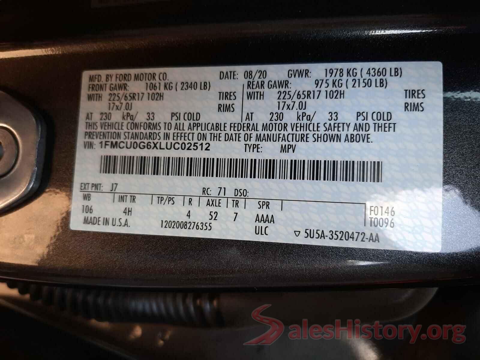 1FMCU0G6XLUC02512 2020 FORD ESCAPE