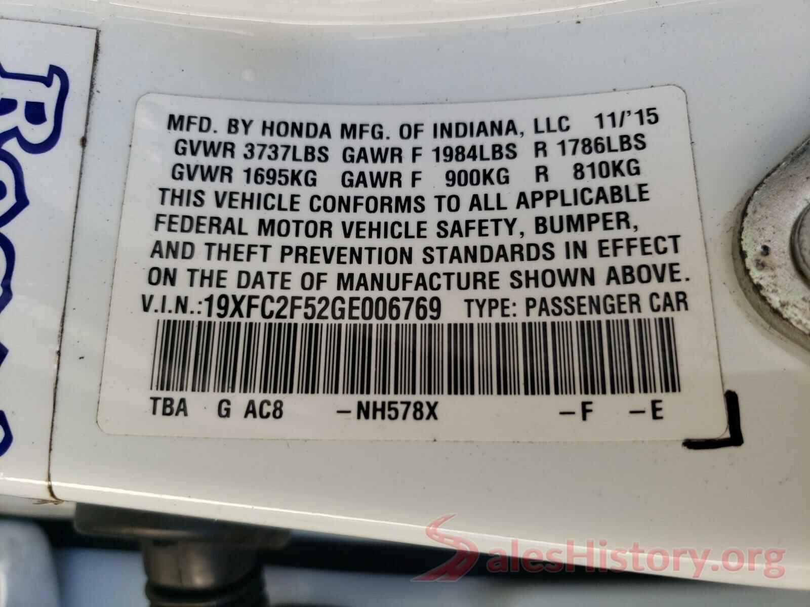 19XFC2F52GE006769 2016 HONDA CIVIC