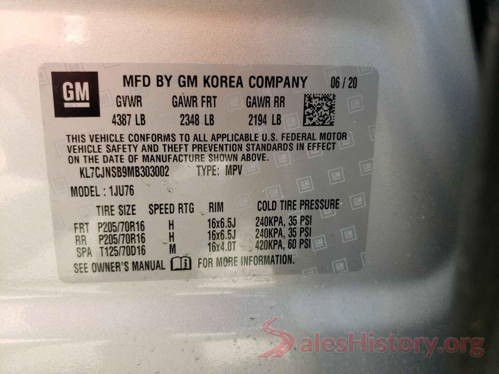 KL7CJNSB9MB303002 2021 CHEVROLET TRAX