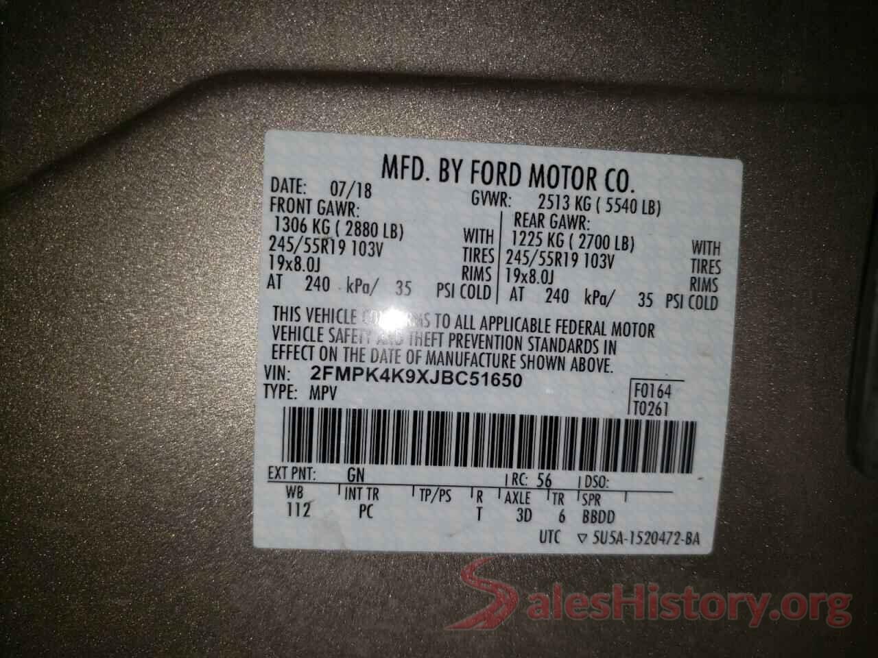 2FMPK4K9XJBC51650 2018 FORD EDGE