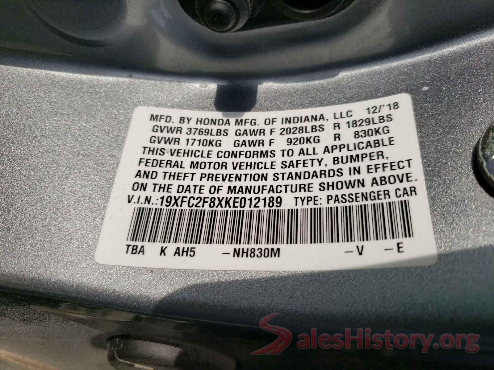 19XFC2F8XKE012189 2019 HONDA CIVIC