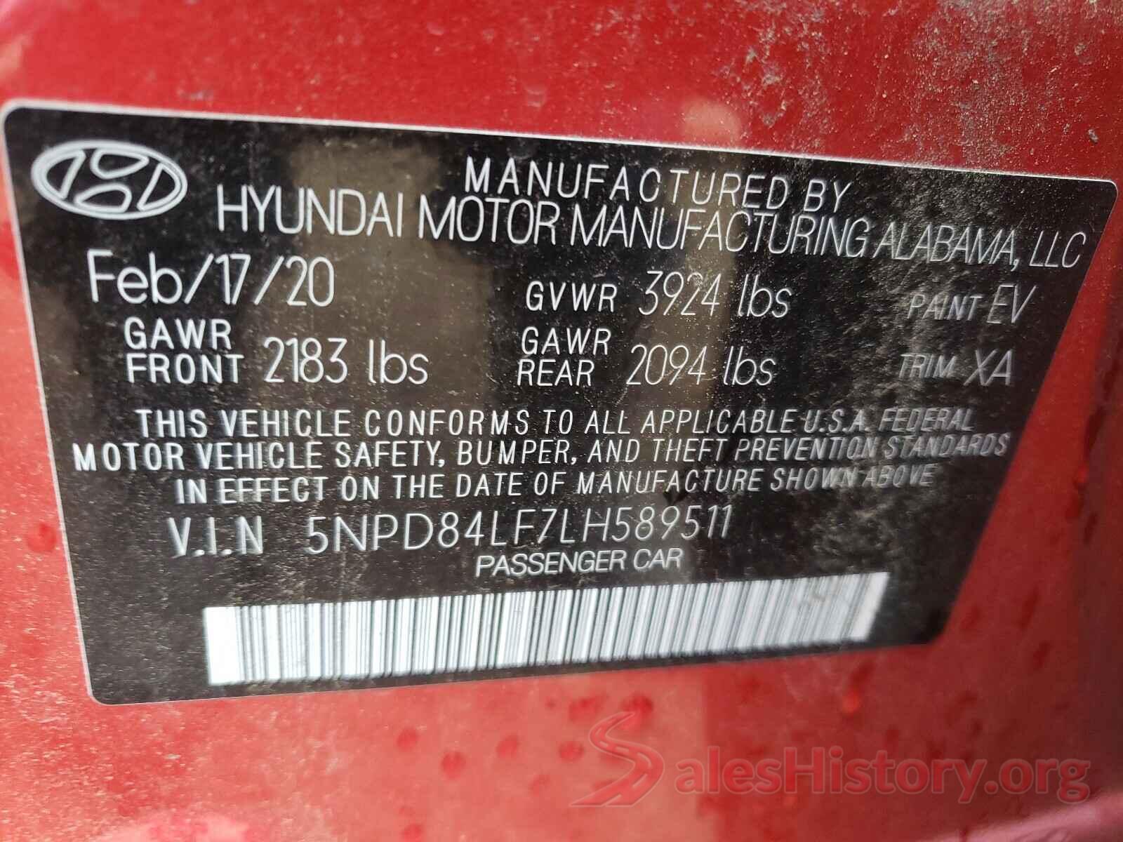 5NPD84LF7LH589511 2020 HYUNDAI ELANTRA