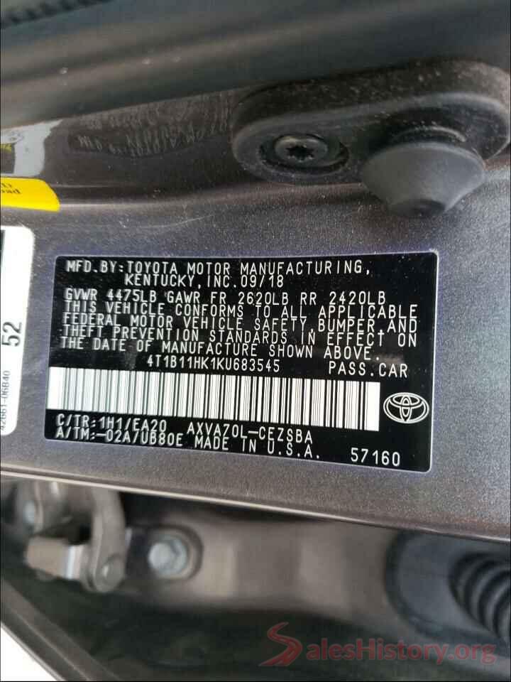 4T1B11HK1KU683545 2019 TOYOTA CAMRY