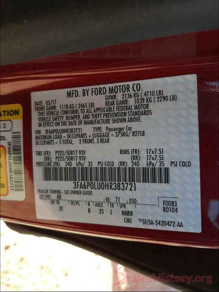 3FA6P0LU0HR383721 2017 FORD FUSION