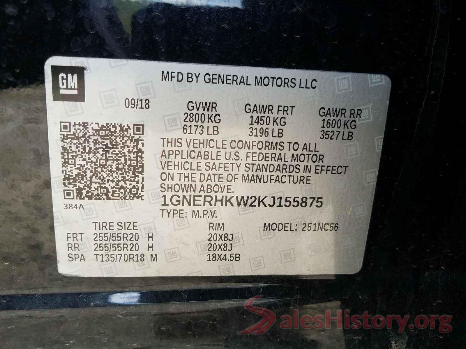 1GNERHKW2KJ155875 2019 CHEVROLET TRAVERSE