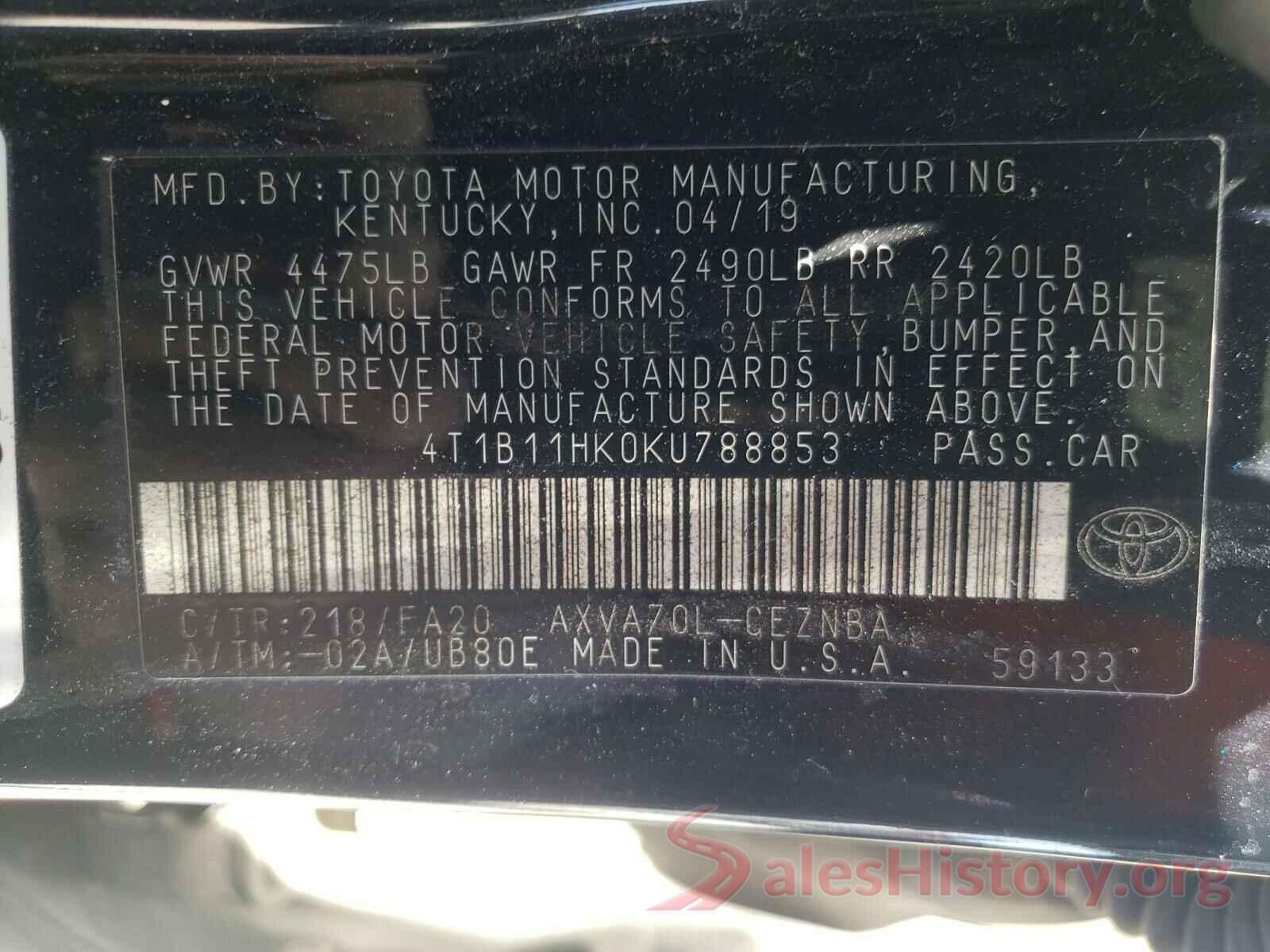 4T1B11HK0KU788853 2019 TOYOTA CAMRY