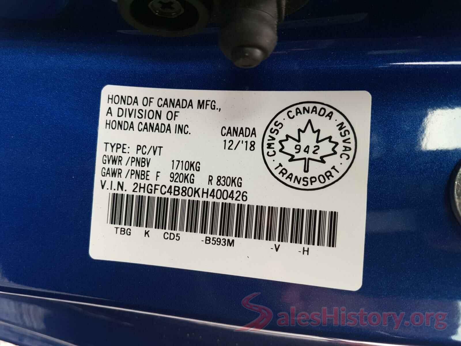 2HGFC4B80KH400426 2019 HONDA CIVIC