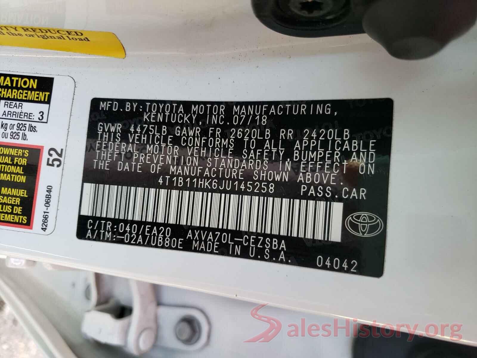 4T1B11HK6JU145258 2018 TOYOTA CAMRY