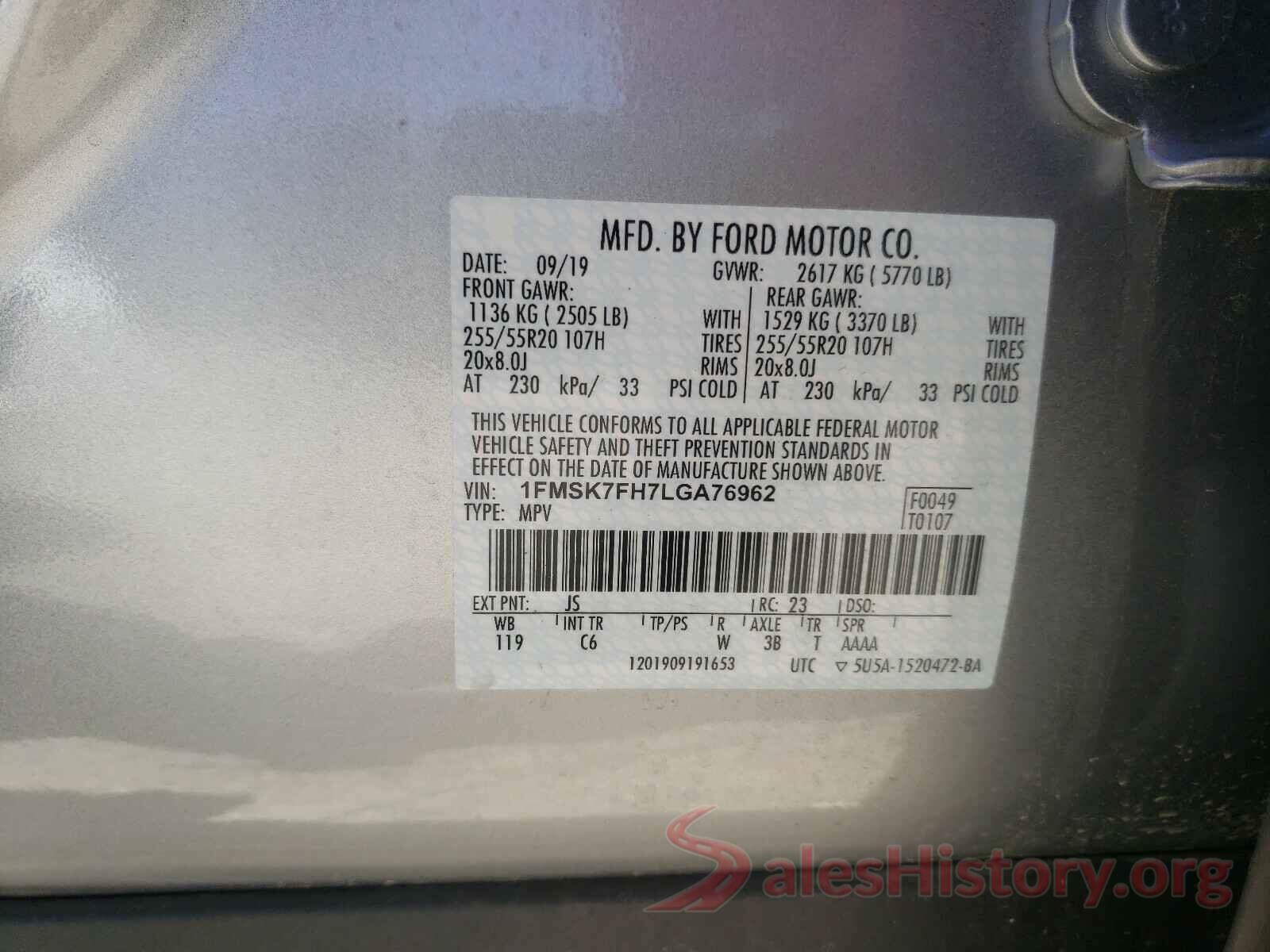 1FMSK7FH7LGA76962 2020 FORD EXPLORER