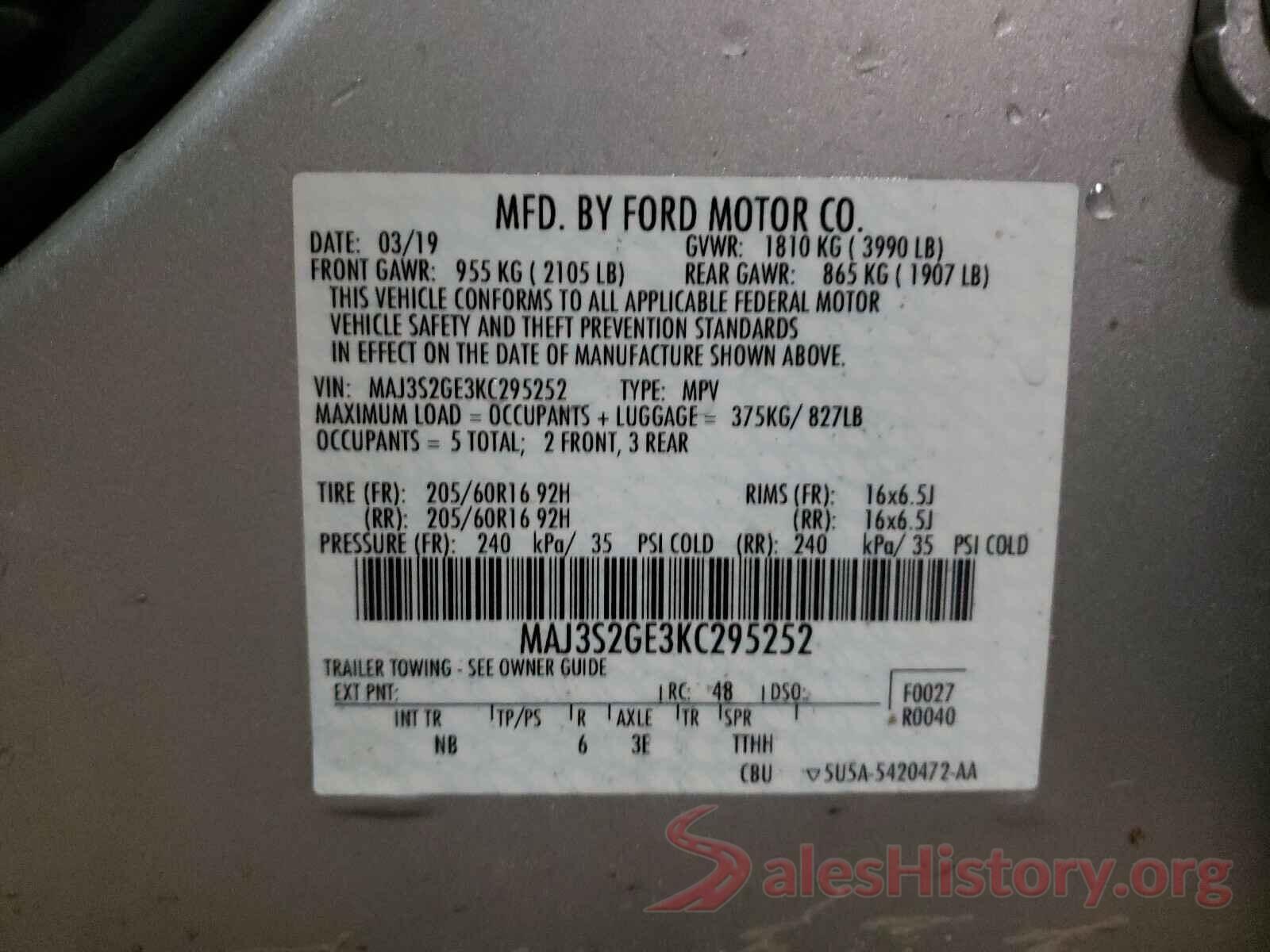 MAJ3S2GE3KC295252 2019 FORD ALL OTHER