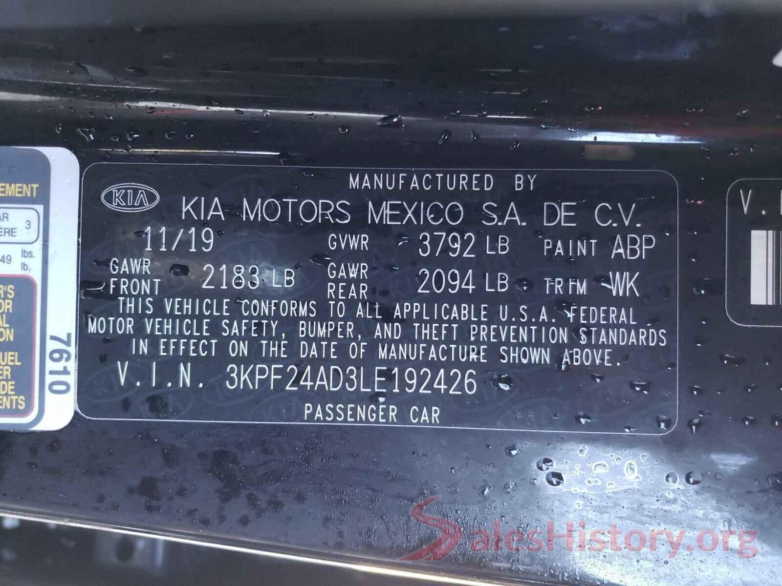 3KPF24AD3LE192426 2020 KIA FORTE