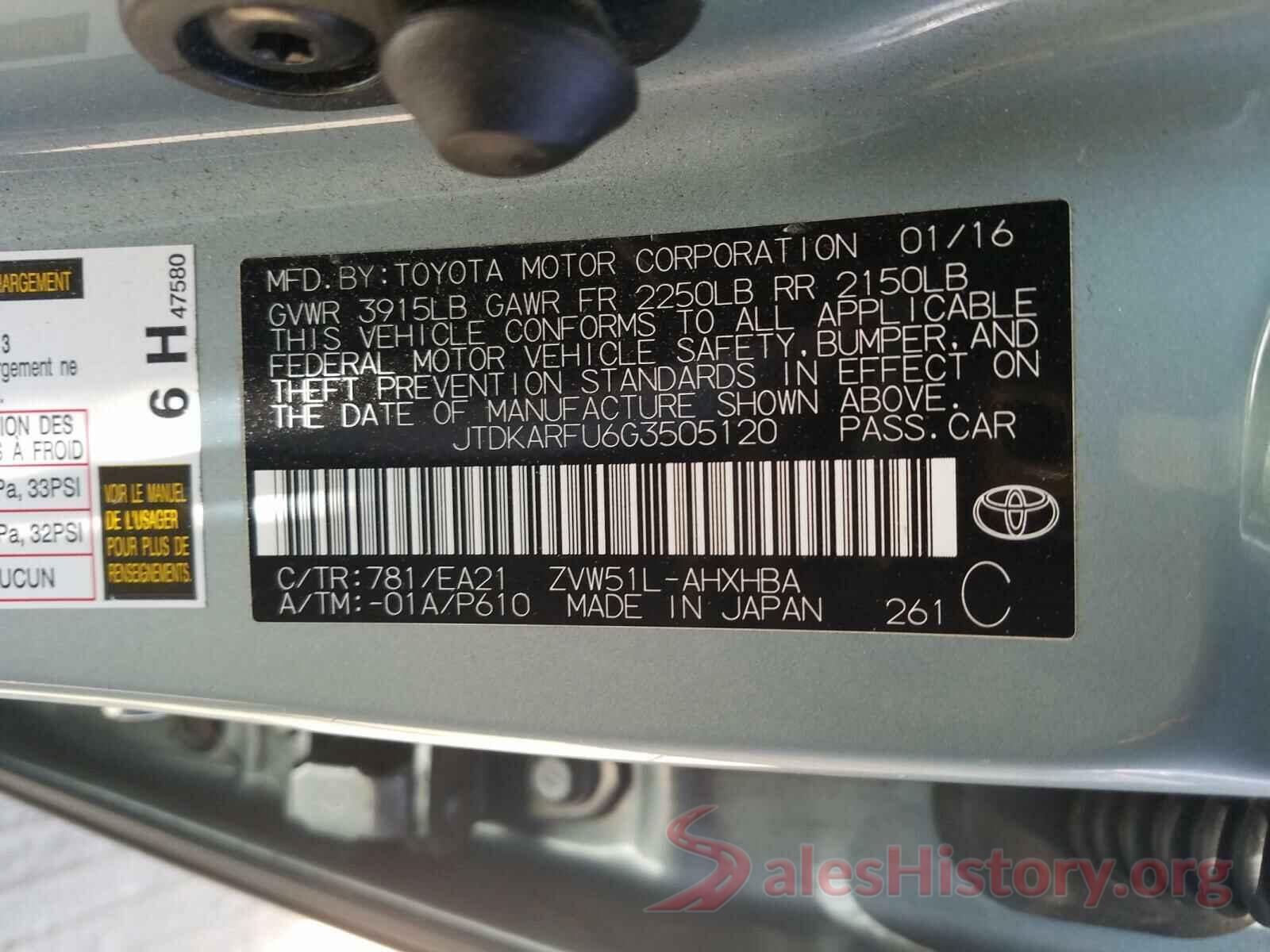 JTDKARFU6G3505120 2016 TOYOTA PRIUS