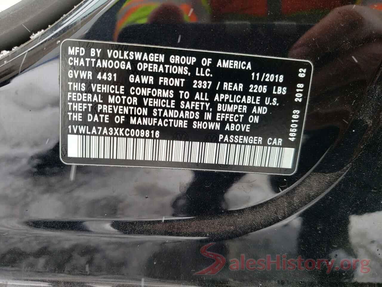 1VWLA7A3XKC009816 2019 VOLKSWAGEN PASSAT