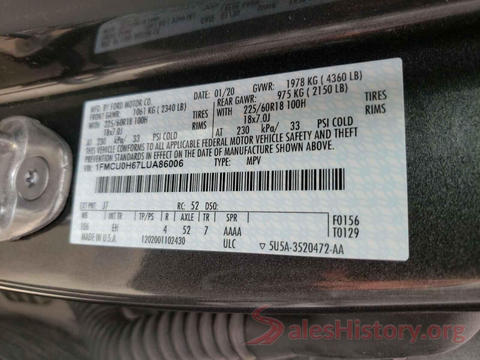 1FMCU0H67LUA86006 2020 FORD ESCAPE