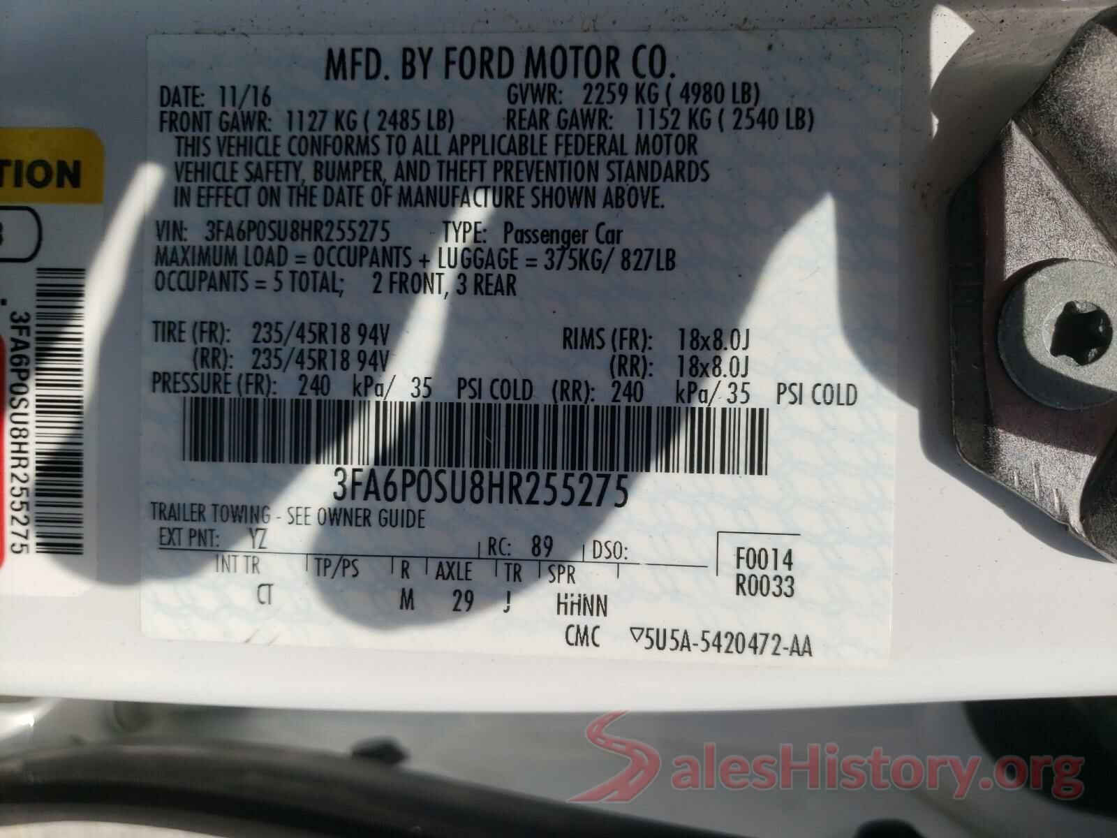 3FA6P0SU8HR255275 2017 FORD FUSION