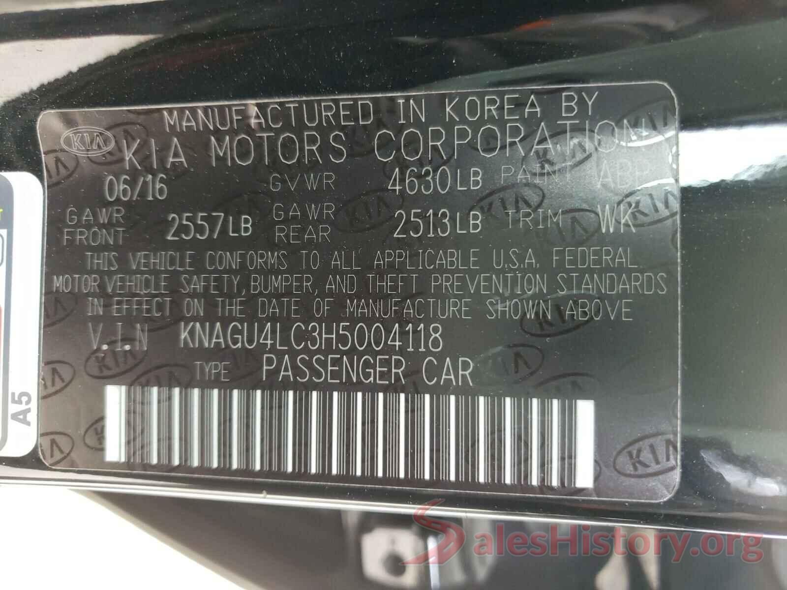 KNAGU4LC3H5004118 2017 KIA OPTIMA