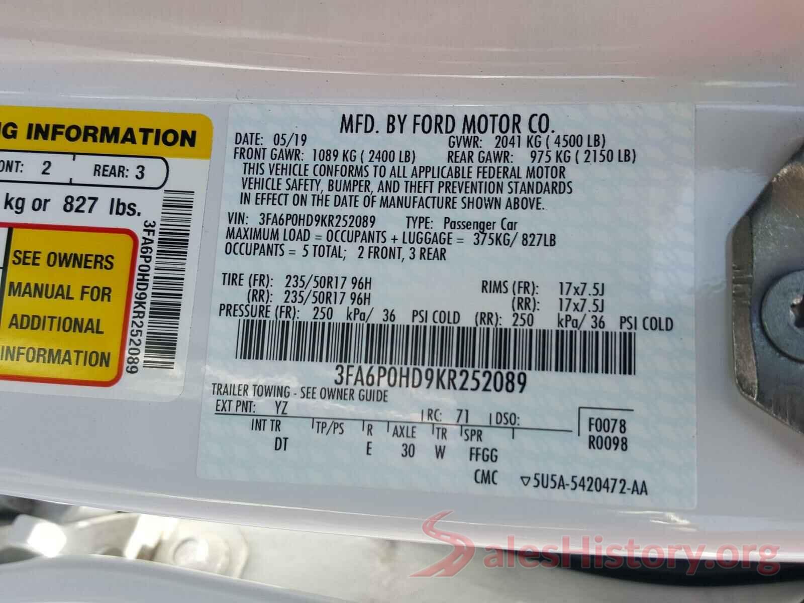 3FA6P0HD9KR252089 2019 FORD FUSION