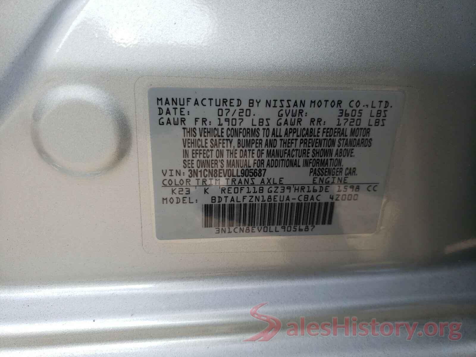 3N1CN8EV0LL905687 2020 NISSAN VERSA