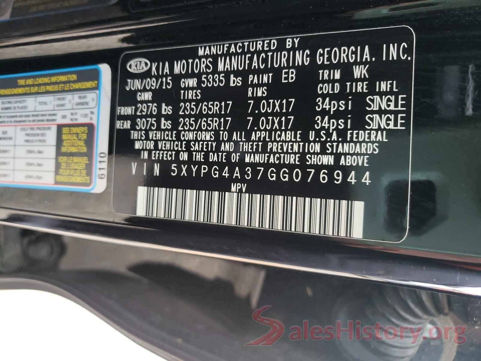 5XYPG4A37GG076944 2016 KIA SORENTO