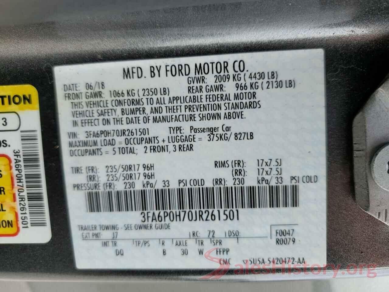 3FA6P0H70JR261501 2018 FORD FUSION