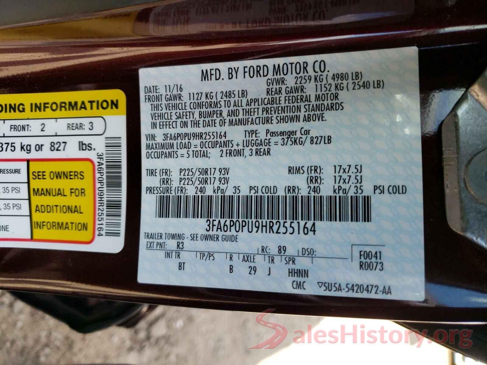 3FA6P0PU9HR255164 2017 FORD FUSION