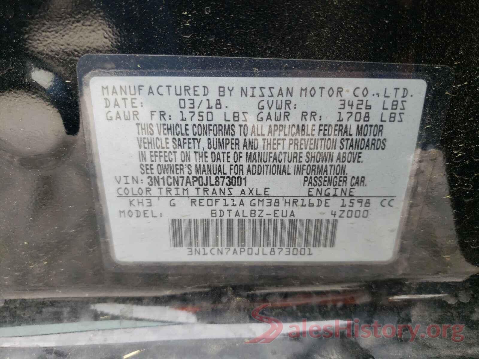 3N1CN7AP0JL873001 2018 NISSAN VERSA