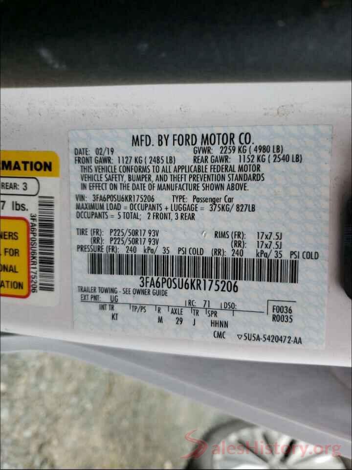 3FA6P0SU6KR175206 2019 FORD FUSION