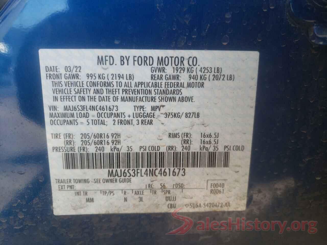 MAJ6S3FL4NC461673 2022 FORD ECOSPORT