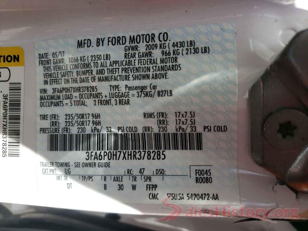 3FA6P0H7XHR378285 2017 FORD FUSION