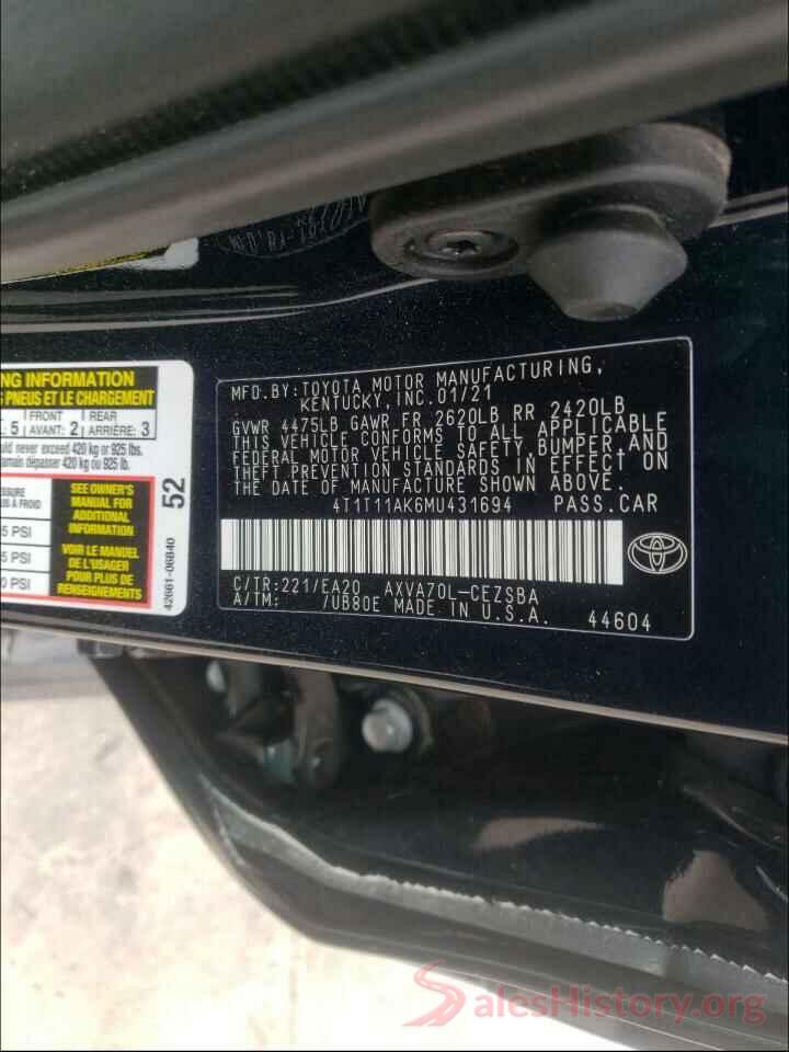 4T1T11AK6MU431694 2021 TOYOTA CAMRY