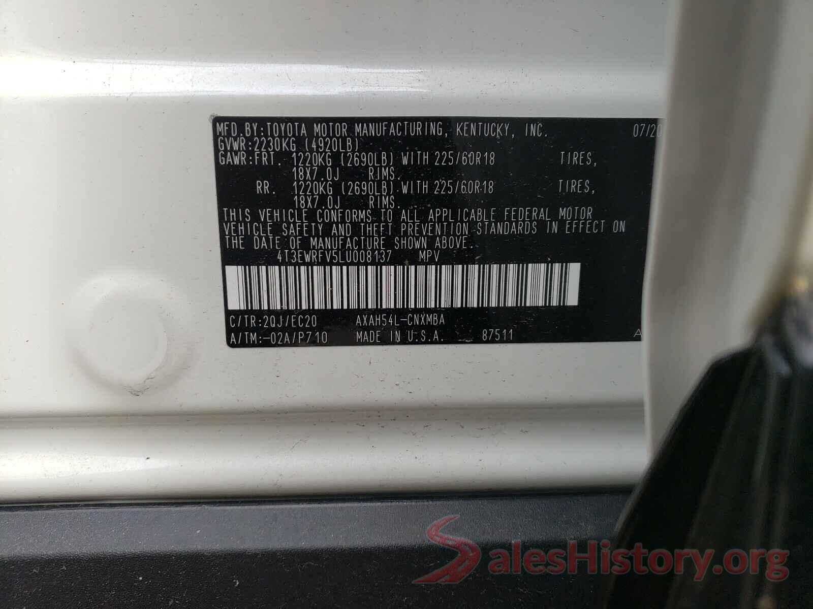 4T3EWRFV5LU008137 2020 TOYOTA RAV4