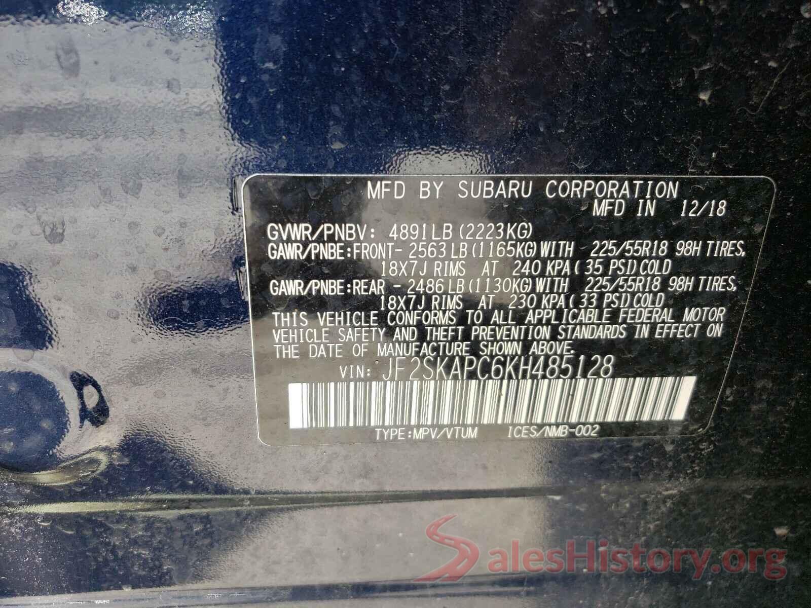 JF2SKAPC6KH485128 2019 SUBARU FORESTER