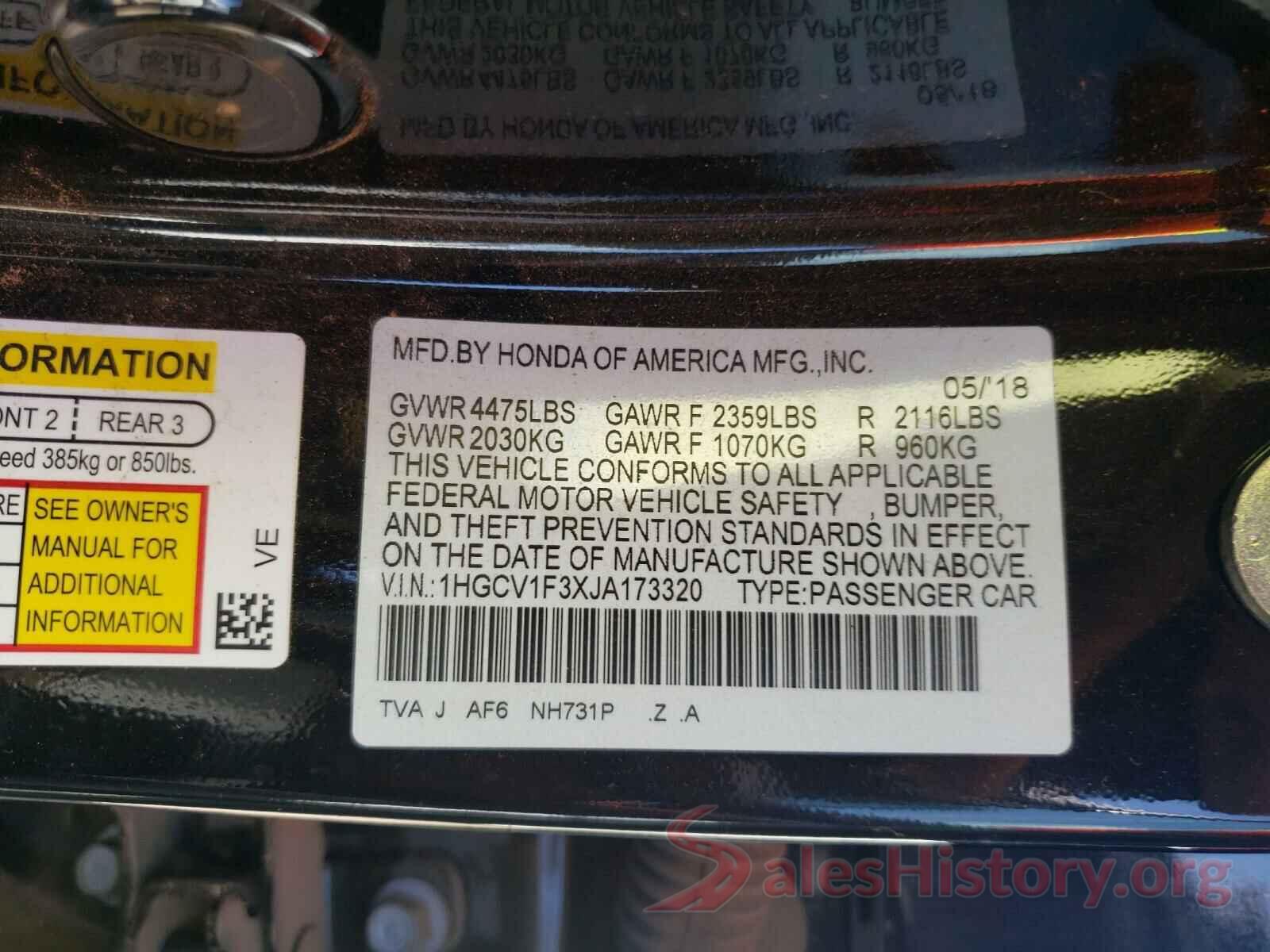 1HGCV1F3XJA173320 2018 HONDA ACCORD