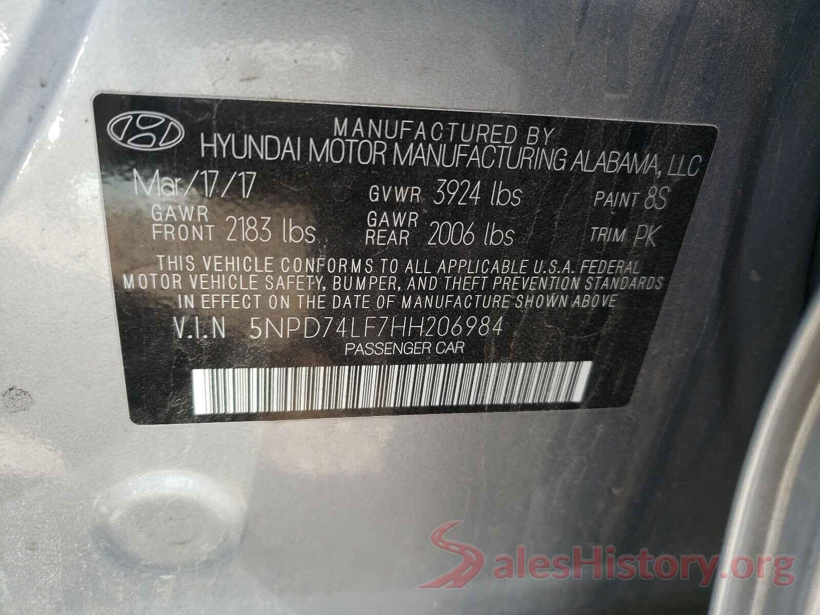 5NPD74LF7HH206984 2017 HYUNDAI ELANTRA