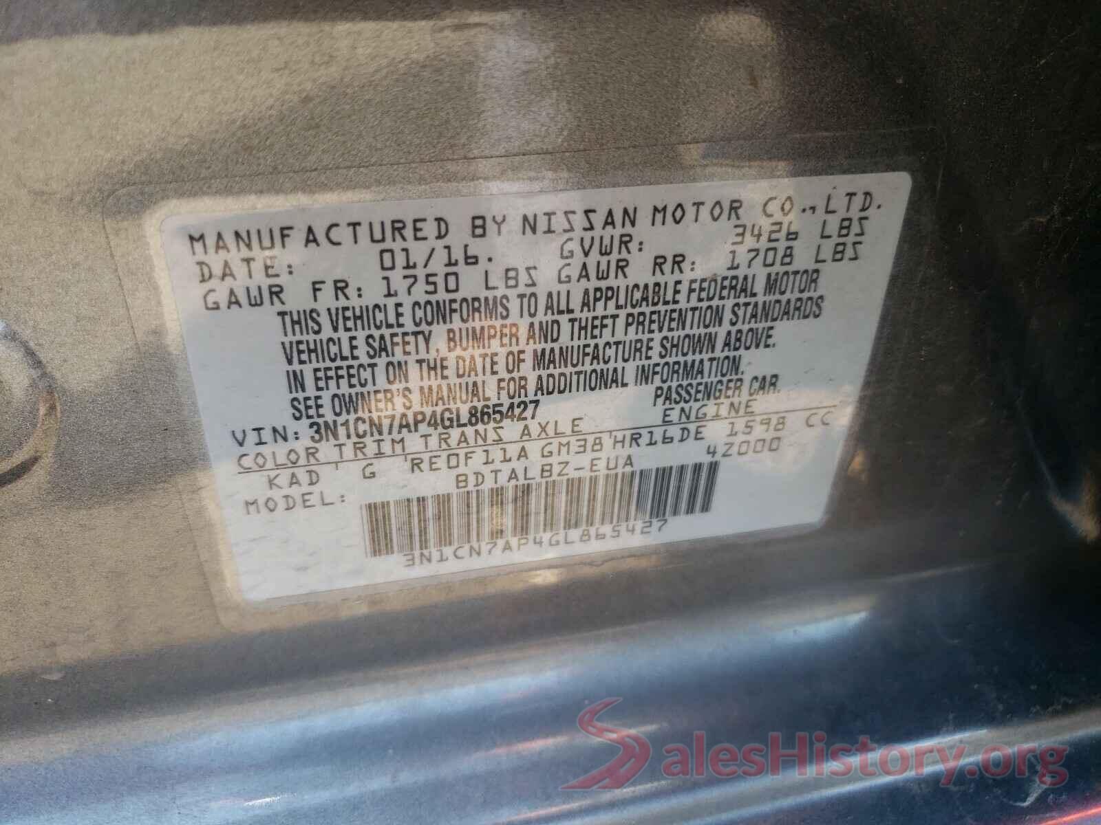 3N1CN7AP4GL865427 2016 NISSAN VERSA