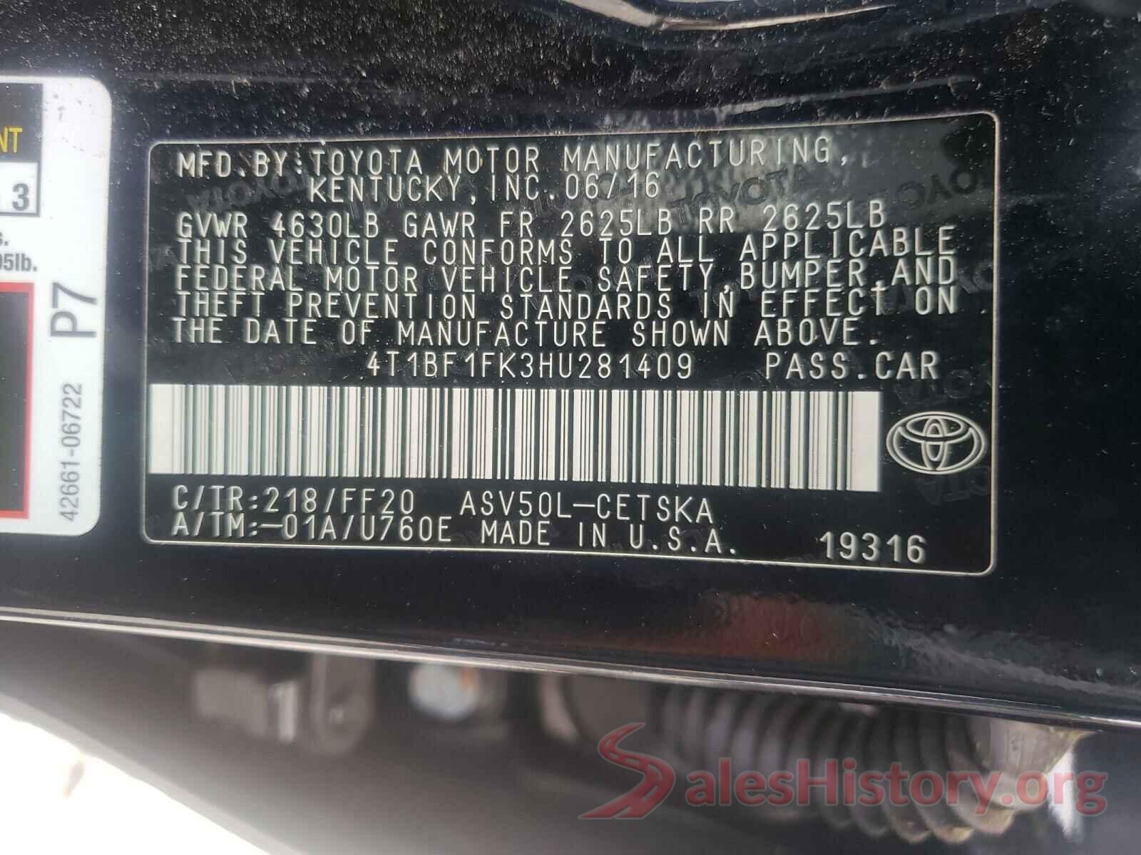 4T1BF1FK3HU281409 2017 TOYOTA CAMRY