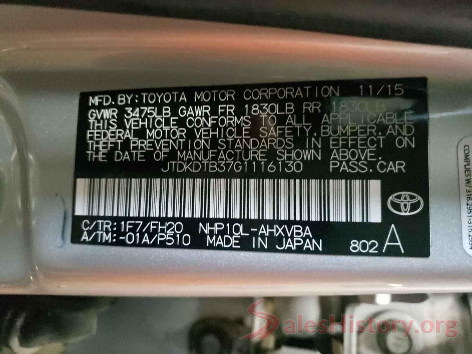 JTDKDTB37G1116130 2016 TOYOTA PRIUS