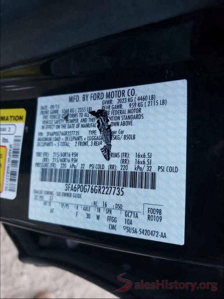 3FA6P0G76GR227735 2016 FORD FUSION