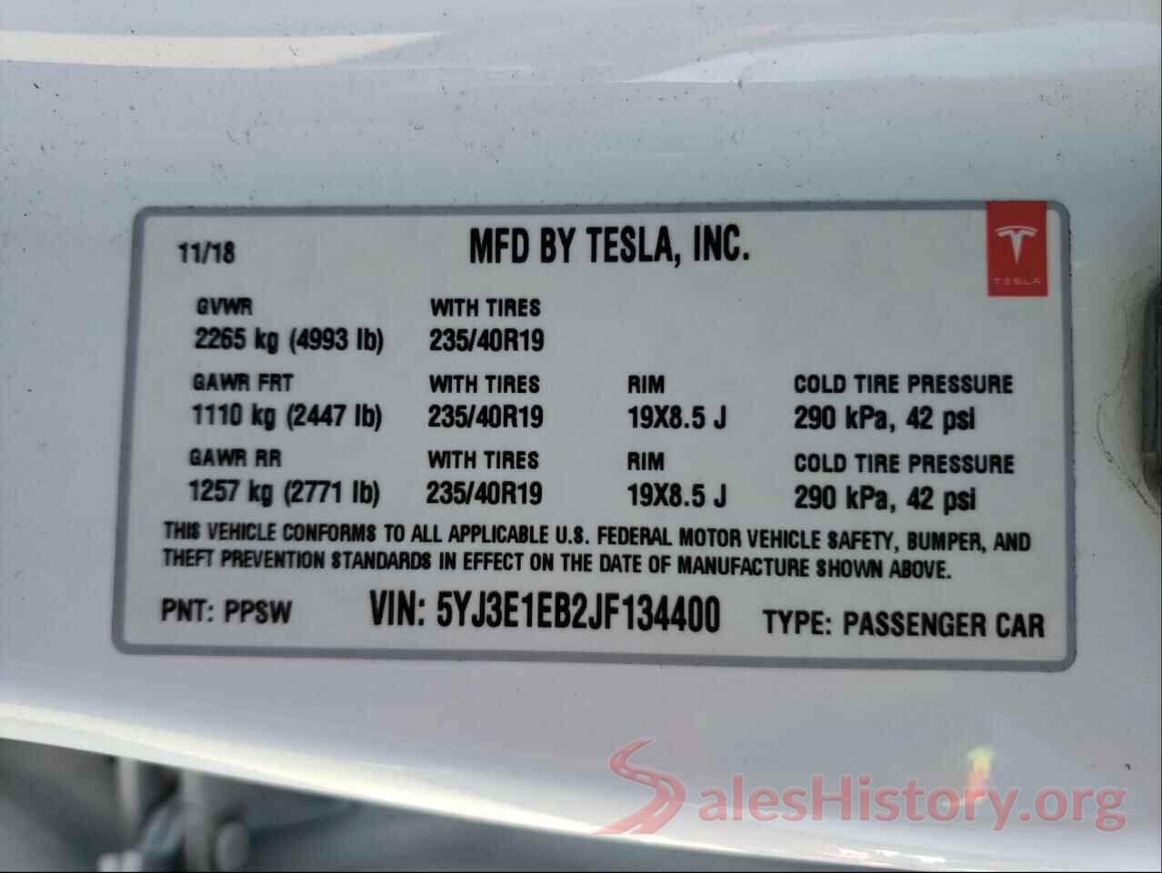 5YJ3E1EB2JF134400 2018 TESLA MODEL 3