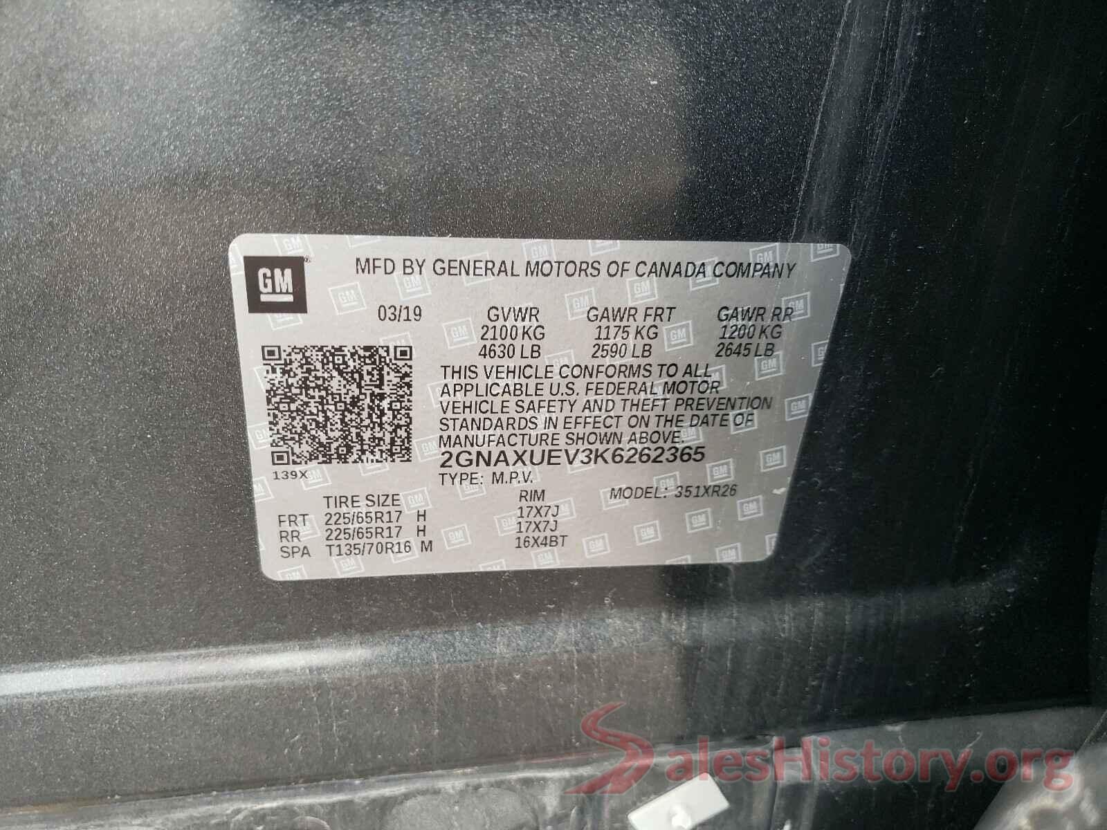 2GNAXUEV3K6262365 2019 CHEVROLET EQUINOX