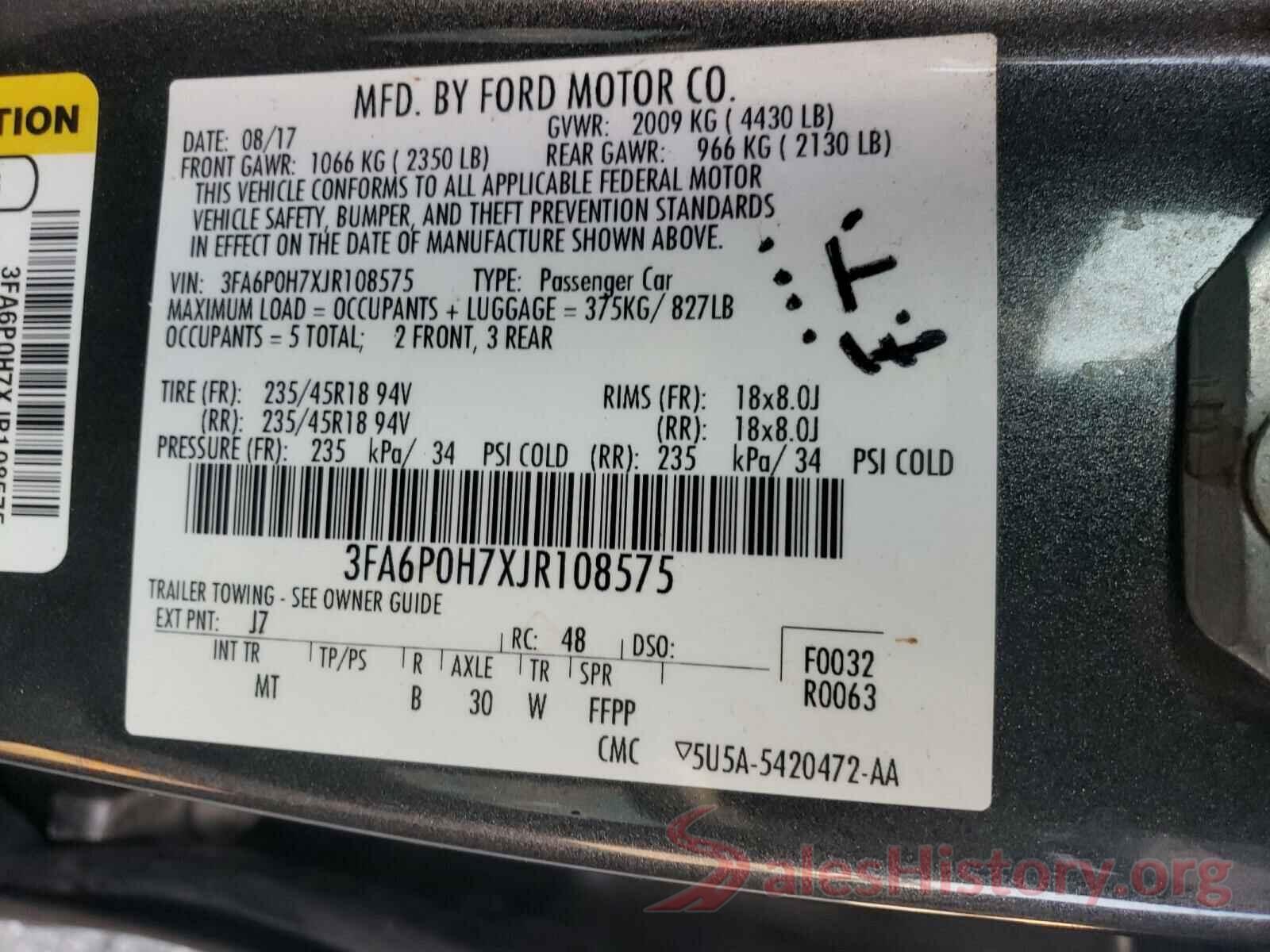 3FA6P0H7XJR108575 2018 FORD FUSION